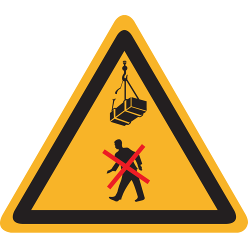 Bord met pictogram niet onder hangende last doorlopen.