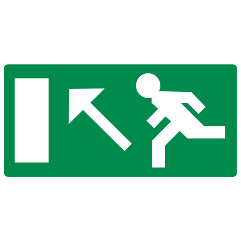 Bord met pictogram nooduitgang links naar boven