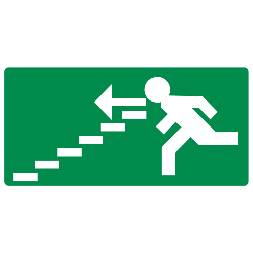 Bord met pictogram nooduitgang trap af links