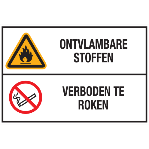 Bord met pictogram en tekst: "Ontvlambare Stoffen - Verboden te Roken" - ISO 7010 - W021, P002