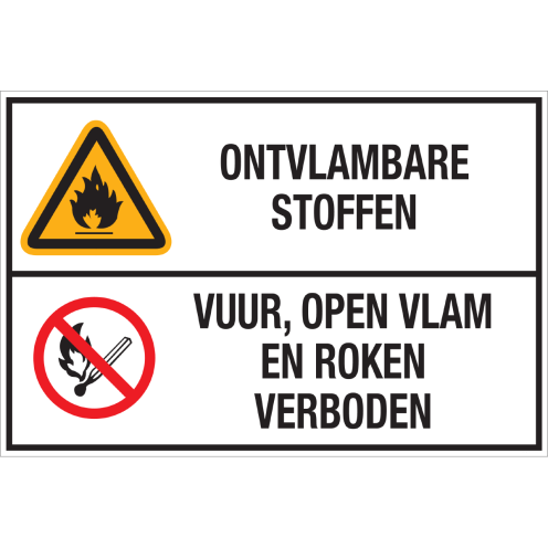 Bord met pictogram en tekst: "Ontvlambare Stoffen - Vuur, Open Vlam en Roken Verboden" - ISO 7010 - W021, P003