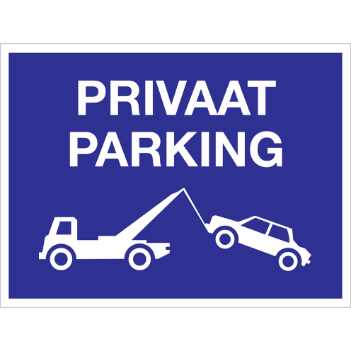 Blauw bord met pictogram voor aanduiden wegsleepregeling ivm privaat parking