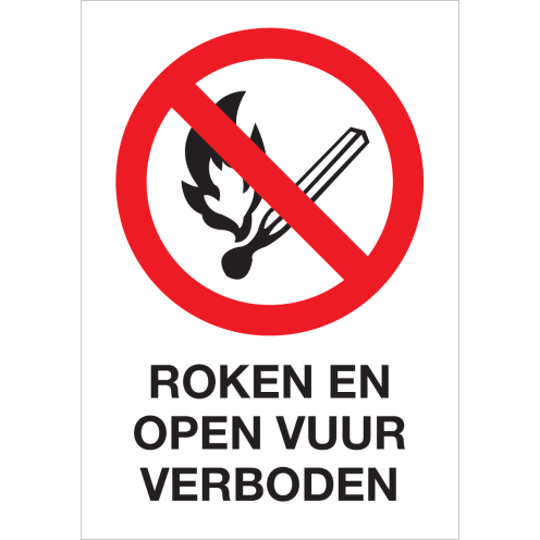 Bord met pictogram en tekst roken en open vuur verboden