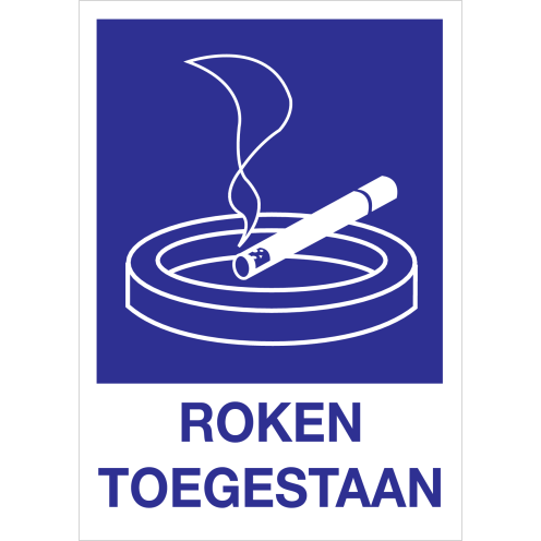 Blauw bord met pictogram sigaret en tekst voor aanduiding ruimte waar roken is toegestaan