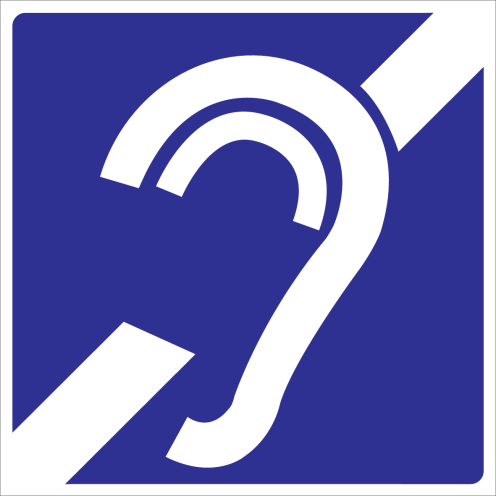 Blauw bord met pictogram voor aanduiding ruimte voor mensen met een auditieve beperking