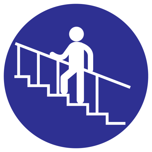 Blauw bord met pictogram om aan te duiden dat het gebruiken van de trapleuning verplicht is
