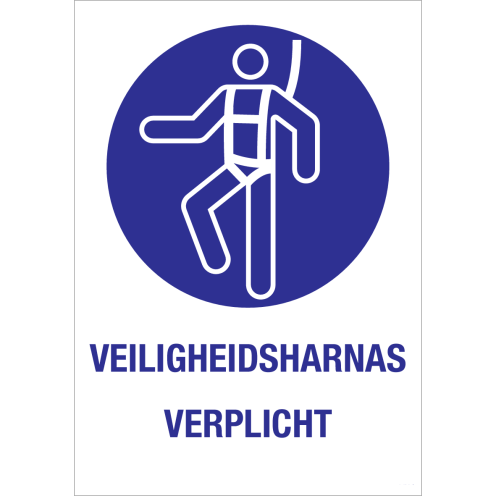 Bord met pictogram en tekst om aan te duiden dat het dragen van een veiligheidsharnas verplicht is - ISO7010 - M018