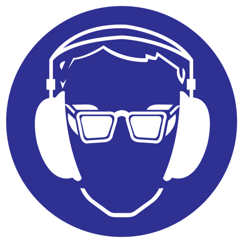 Blauw bord met pictogram om aan te duiden dat gehoor en oogbescherming verplicht is