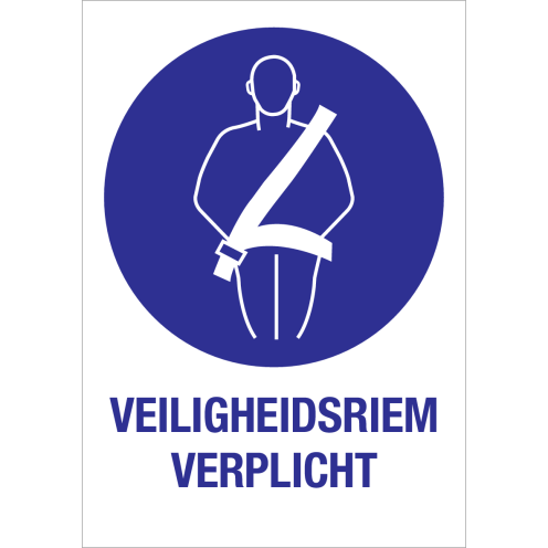 Bord met pictogram en tekst om aan te duiden dat een gordel verplicht is