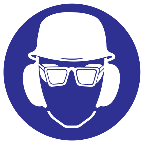 Blauw bord met pictogram om aan te duiden dat een bril, oorkap en helm verplicht is