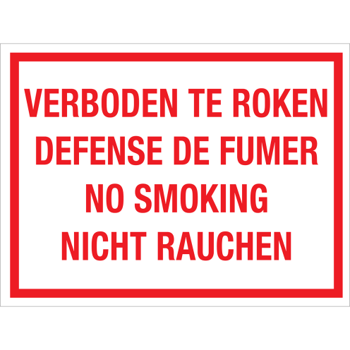 Bord Verboden te Roken - 4 talen NL, FR, EN en DU - wit tekstbord met rode tekst