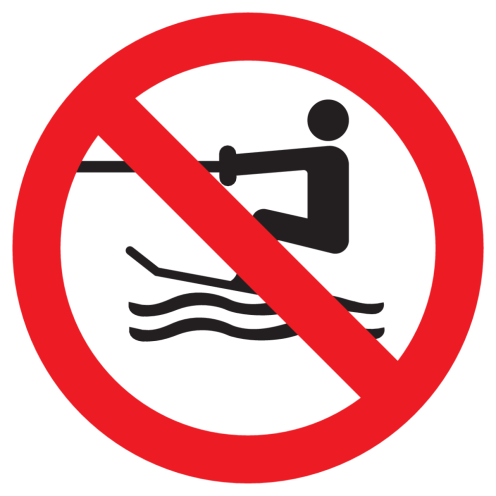 Bord met pictogram voortgetrokken wateractiviteiten verboden ISO7010 - P058