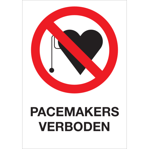 Bord met pictogram en tekst pacemakers verboden