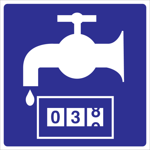 Blauw bordje met pictogram kraan en meter voor het aanduiden van een watermeter