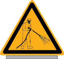 Gevarendriehoek met pictogram waarschuwing "Hogedrukspuit" (Aluminium)