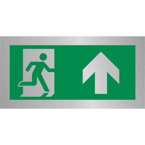 Aluminium dubbelzijdig bord nooduitgang rechtdoor - deur opent aan rechterhand - pictogram volgens ISO7010 