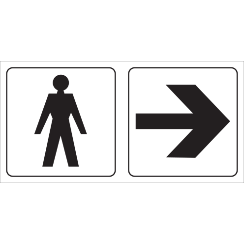 Dubbelzijdig bord met pictogram voor aanduiding ruimte voor heren met een pijl naar rechts/links