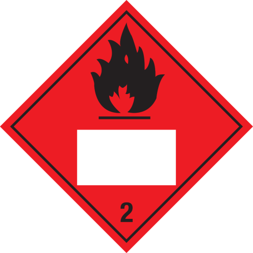 Gevaarsetiket brandbare gassen 2.1 met un nummer - ADR, ADN, IMO, IMDG, RID en IATA