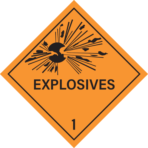Gevaarsetiket met pictogram en tekst Explosives ADR