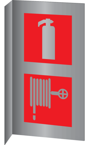 Aluminium haaks bord met brandblusser en brandhaspel pictogram
