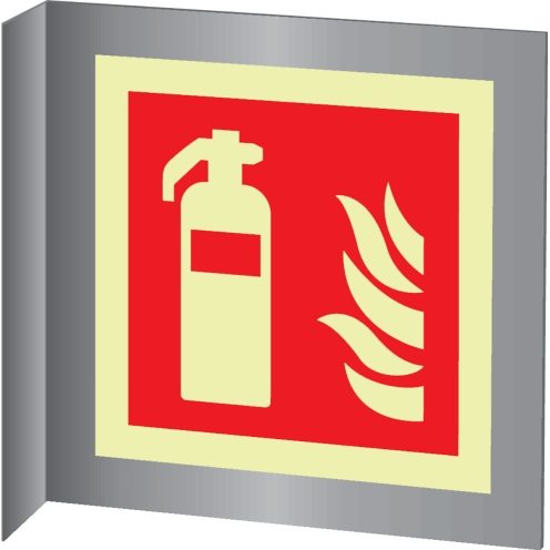 Aluminium haaks bord met fotoluminescerend brandblusser pictogram volgens ISO7010 - F001
