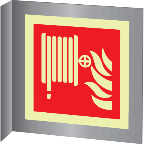 Aluminium haaks bord met fotoluminescerend brandhaspel pictogram volgens ISO7010 - F002