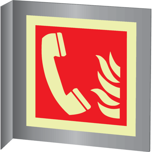 Aluminium haaks bord met fotoluminescerend brandtelefoon pictogram volgens ISO7010 - F006