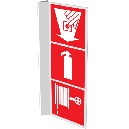 Gecombineerd haaks bord met pictogram van een brandblusser, brandslang en handmelder