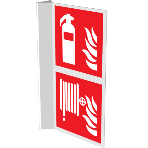 Gecombineerd haaks bord met brandblusser en brandslanghaspel met vlam
