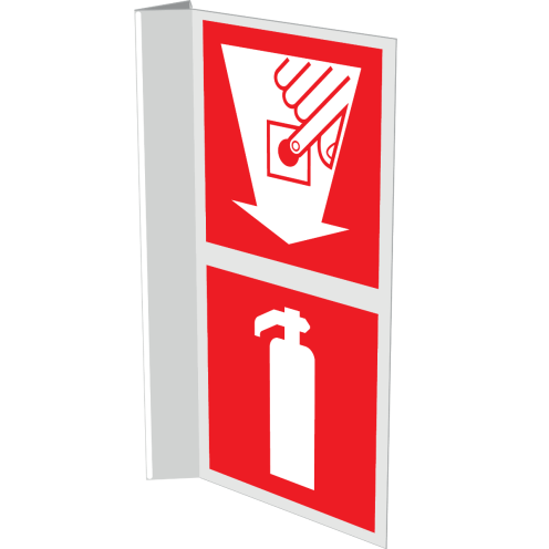 Gecombineerd haaks bord met pictogram van een brandblusser en handmelder met pijl