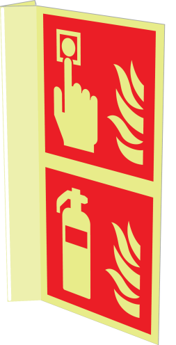 Gecombineerd haaks fotoluminescerend bord met pictogram van een brandblusser en handbrandmelder volgens ISO 7010