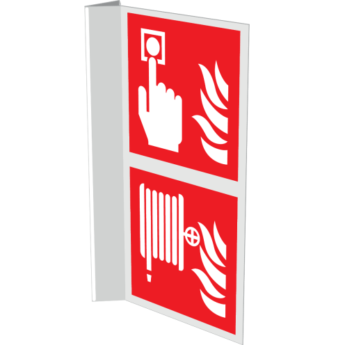 Gecombineerd bord met pictogram van een brandslanghaspel en handbrandmelder met vlam