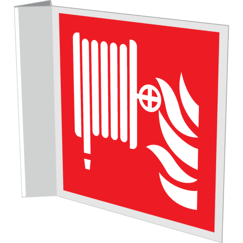 Haaks bord met pictogram van een brandslanghaspel met vlam