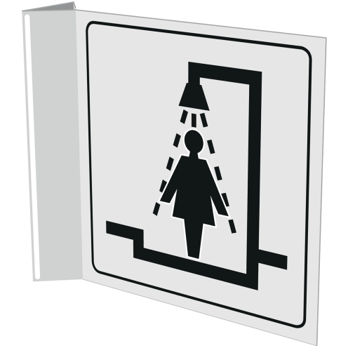 Haaks wit bord met pictogram voor aanduiding ruimte met douche voor dames