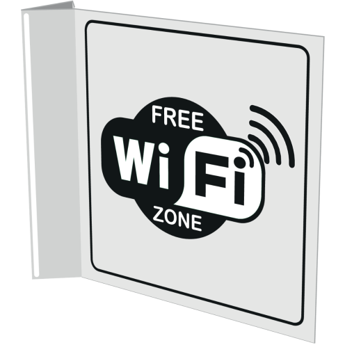 Haaks wit bord met pictogram voor aanduiden ruimte met gratis wifi signaal