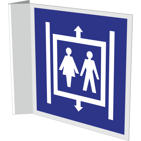Haaks blauw bordje met pictogramm voor het aanduiden van een personenlift