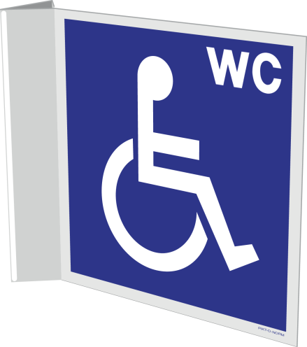 Haaks bord met pictogram mindervalide voor aanduiding toiletruimte