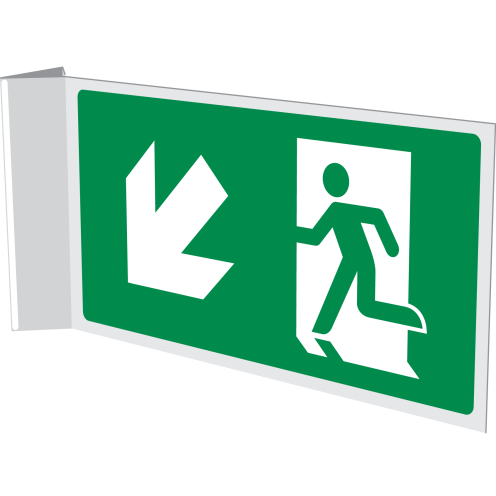 Dubbelzijdig haaks bord met pictogram nooduitgang naar beneden