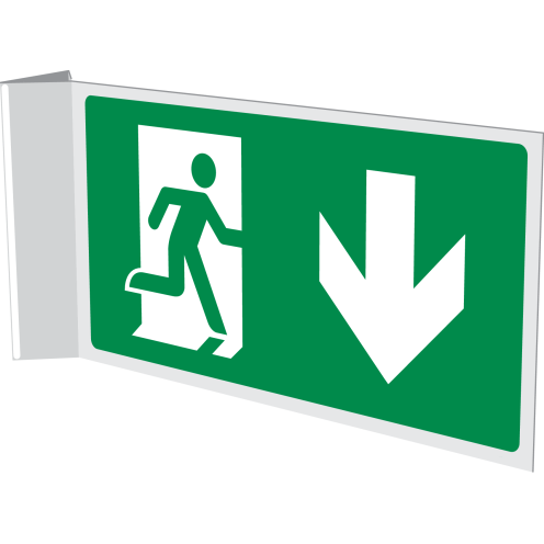 Dubbelzijdig haaks bord met pictogram nooduitgang naar beneden ISO 7010