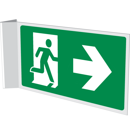 Dubbelzijdig haaks bord met pictogram nooduitgang links / rechts van muur af