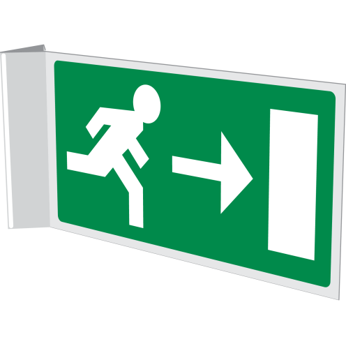 Dubbelzijdig haaks bord met pictogram nooduitgang links / rechts