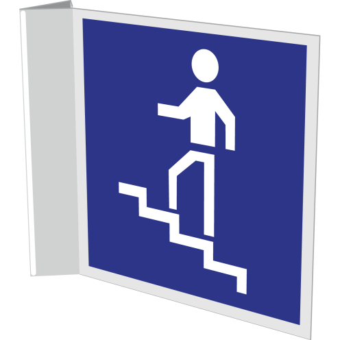 Haaks blauw bordje met pictogram voor aanduiding trap omhoog