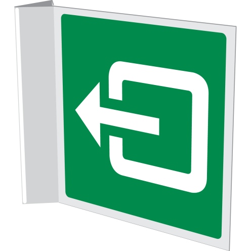 Dubbelzijdig haaks bord met pictogram uitgang links/rechts naar muur