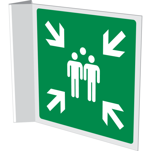 Dubbelzijdig haaks bord met pictogram verzamelplaats ISO 7010