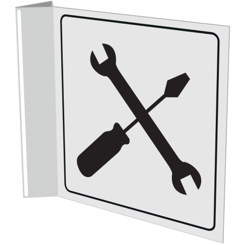 Haaks wit bord met pictogram voor het aanduiden van een werkplaats