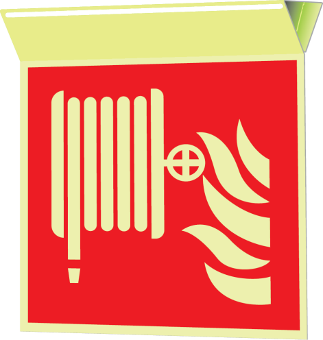 Fotoluminescerend haaks hangend bord met pictogram van een brandslanghaspel volgens ISO 7010