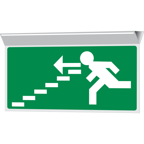 Dubbelzijdig hangend haaks bord met nooduitgang trap naar beneden