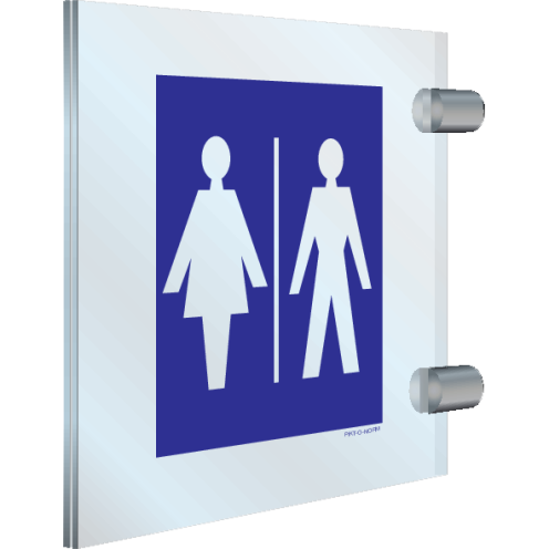 Blauw dubbelzijdig plexiglas haaks bord met pictogram voor het aanduiden van een ruimte voor dames en heren