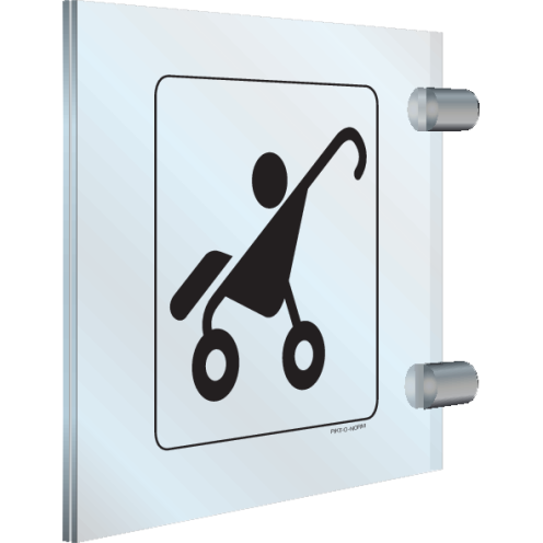 Dubbelzijdig plexiglas haaks bord met pictogram voor aanduiding van een stalling voor kinderwagens