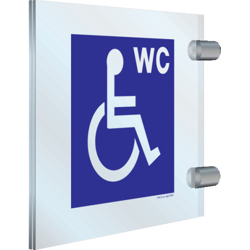 Blauw dubbelzijdig haaks plexiglas bord voor het aanduiden van een toilet voor mindervaliden